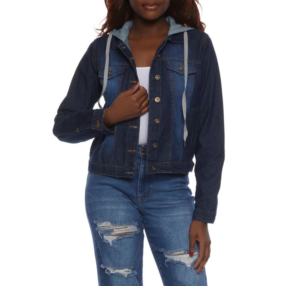 NWT‎ Taxi Sandblast Detail Hooded Denim Jacket - Dark Wash - Size Small